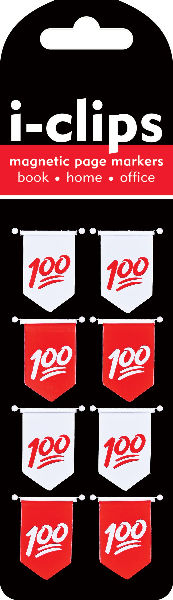 black cardboard product hanger with 8 page markers in the shape of shield banners. four of them are red with an underlined number 100 in white, while others are white with the number in red