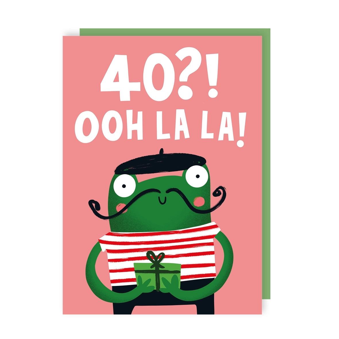 Greeting card featuring an illustration of a French frog wearing a mustache, beret and striped shirt and holding a gift box on a pink background. The text '40?! Ooh la la!' is shown over the frog.