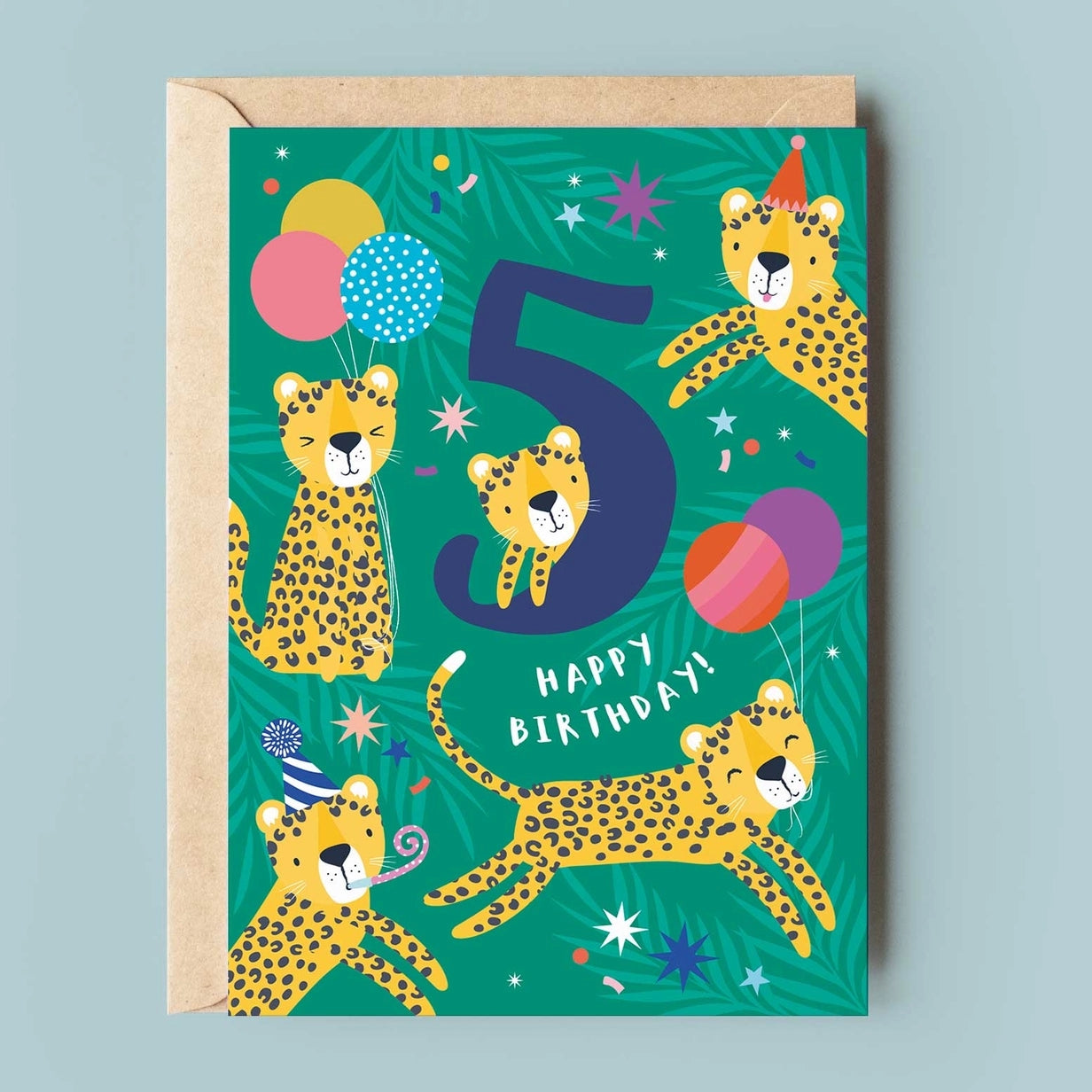 Greeting card featuring illustrations of smiling leopards. Two wear party hats while another two carry balloons tied together with string. The text '8' and 'Happy Birthday' are printed on a green background along with the illustrations. 
