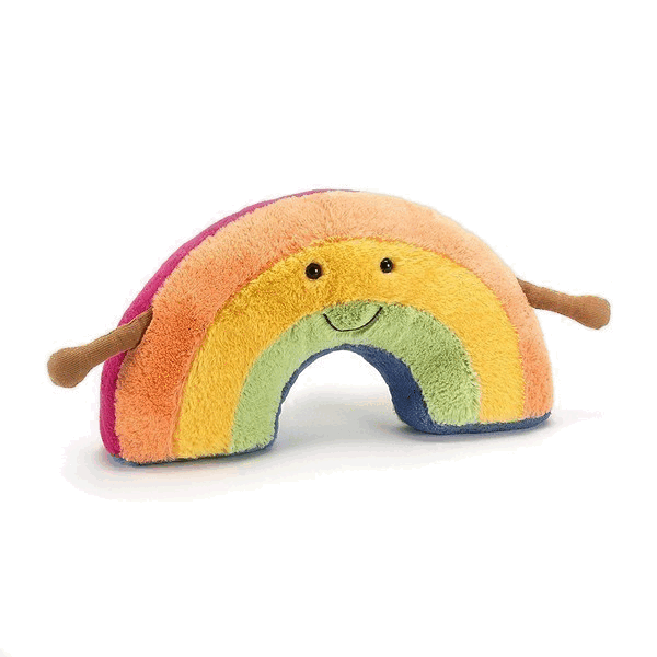 adorably soft plushie of a smilling rainbow with arms by popular brand Jellycat.
