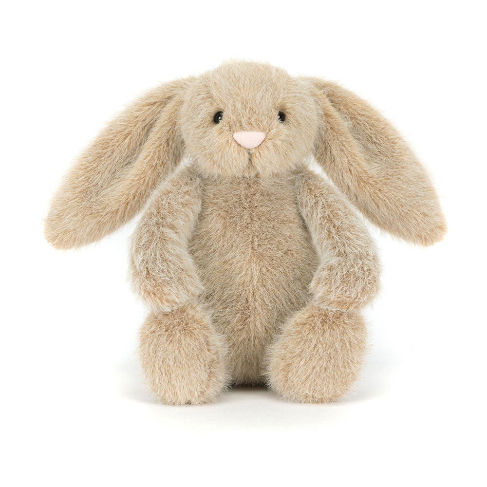 Jellycat oat coloured bunny plush with a pink nose on a white background.