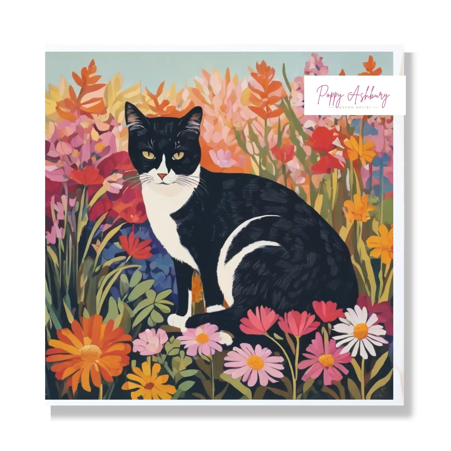 Black Cat In Wildflowers Blank Art Card