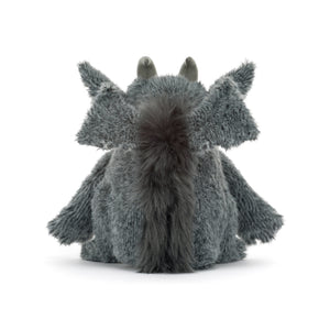 Back view of a gray plush gargoyle toy with large pointed ears, small horns, wings and a gray fur stripe up it's back. The plush is shown against a white background.