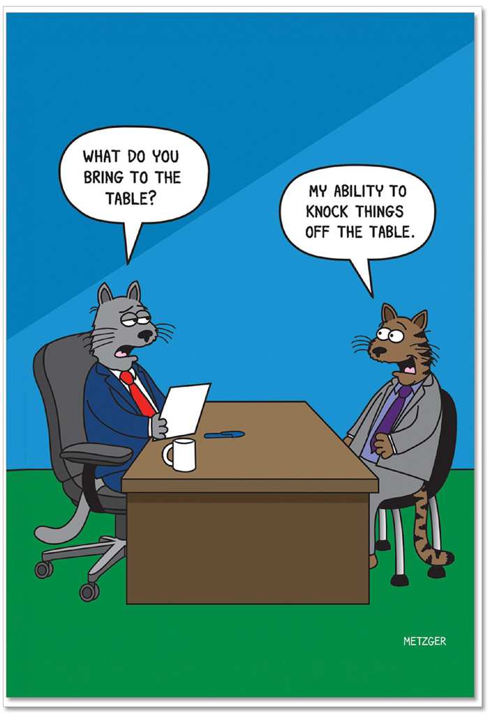 Greeting card featuring a humorous illustration of two cats sitting across from one another at a desk. Both wear suits and one is interviewing the other. The text 'What do you bring to the table?' is printed in a speech bubble over one cat while 'My ability to knock things off the table.' is printed in another. The wall behind the cats is blue and the floor is green. 