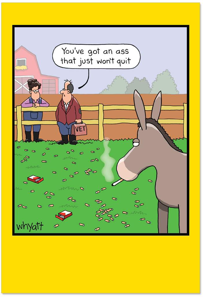Greeting card featuring an illustration of two people standing by a fence, one of which is carrying a brief case labelled 'Vet'. A donkey smoking a cigarette is pictured in a field on the other side of the fence alongside cigarette butts and empty boxes. The text 'You've got an ass that just won't quit' is printed in a speech bubble over the vet. The illustration sits in a black frame over a yellow background. 