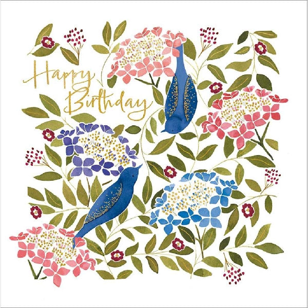 Blue Birds With Flowers Birthday Card