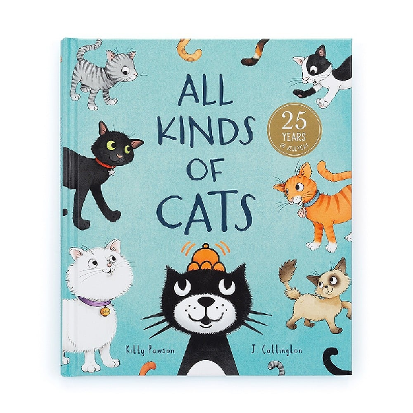 children's book by popular brand jellycat. different cats on a blue background looking at the title that reads "all kinds of cats"