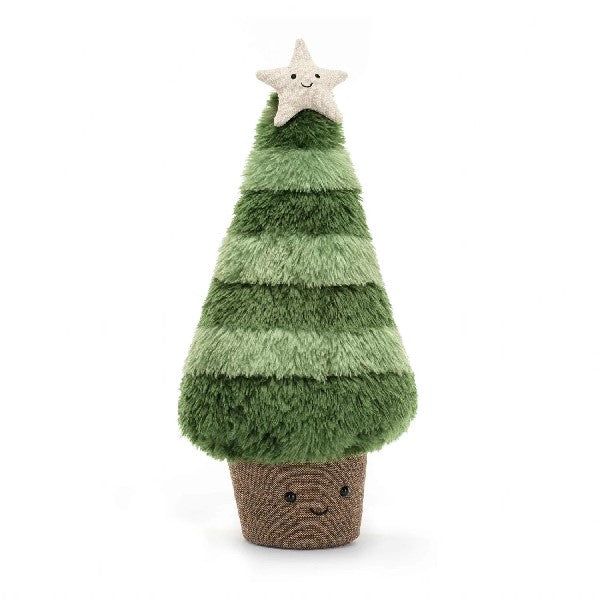 adorably soft plushie of a smiling christmas tree with a smiling off-white star by popular brand Jellycat.