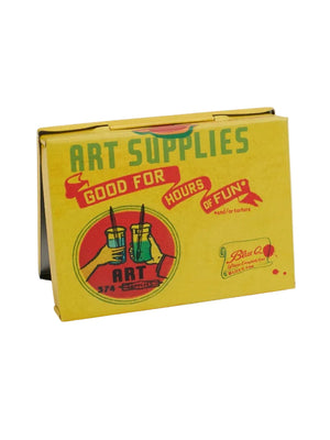 Back view of a pocket-sized storage tin featuring a vintage-style illustration of two hands holding containers filled with water and paint brushes shown in a red circle. The text 'Art Supplies' and 'Good for hours of fun' is printed over the image. The tin sits on a white background.