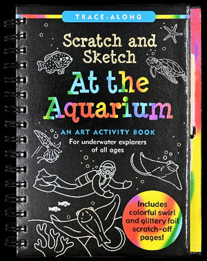 Scratch and Sketch At the Aquarium activity book with underwater illustrations and colorful text on a black background.