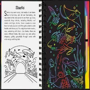 Open book with shark-themed pages and a scratch-off design.