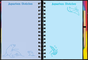 Open book showing pages with the text 'aquarium sketches' and illustrations of sea animals. 