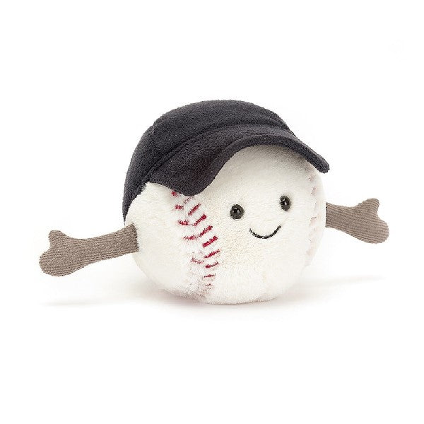 adorably soft plushie of a smiling baseball with a cap and arms by popular brand Jellycat.