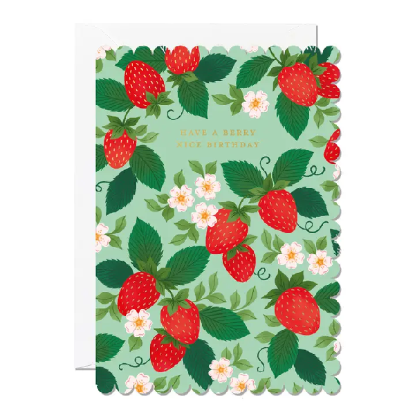 Greeting card with a scalloped edge featuring illustrations of strawberry plants on a green background with the text 'Have a Berry Nice Birthday'.