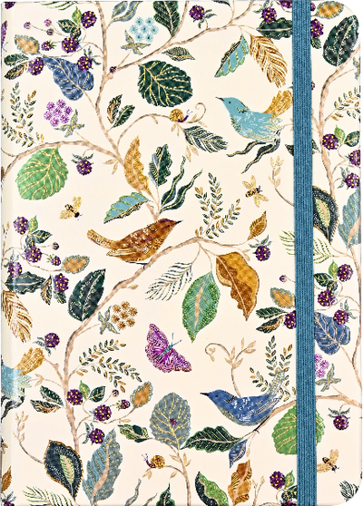 off-white journal with a military blue elastic. various branches, leaves, birds, and blackberries fill the cover. peter pauper product