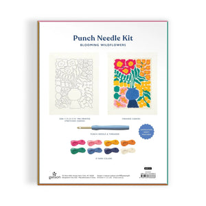 Back of a DIY box featuring images of the contents of the box. This includes a stretched canvas, a punch needle & threader, 9 yarn colours and an image of the finished canvas design.