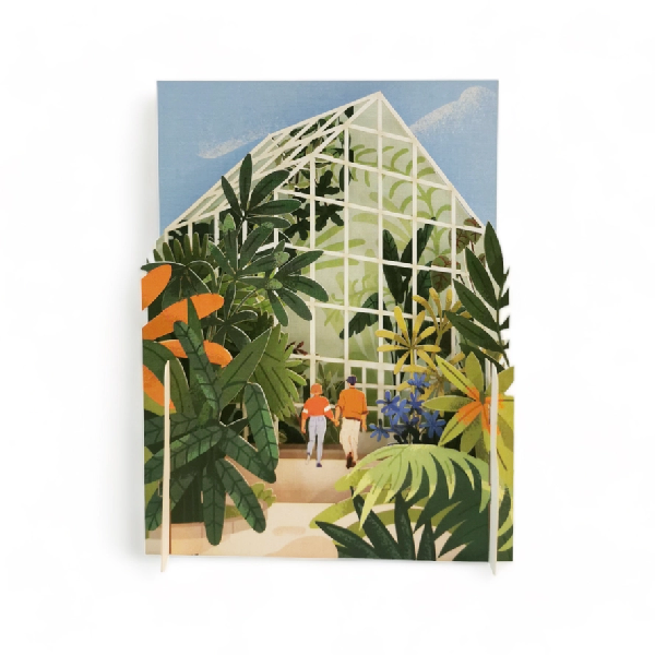 miniature pop up card depicting a couple holding hands and going into a green house