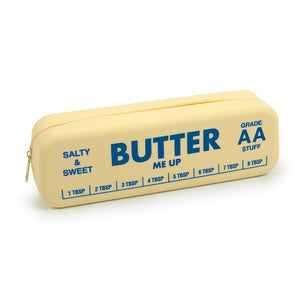Yellow pouch in the shape and style of a stick of butter. The text 'Butter me up' is printed on it, along with 'Salty & Sweet', 'Grade AA stuff' and some measurements. The pouch is shown on a white background. 