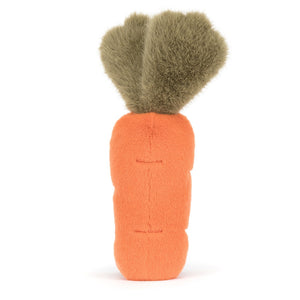 Back view of a Jellycat orange carrot shaped plush with a green stem on a white background.