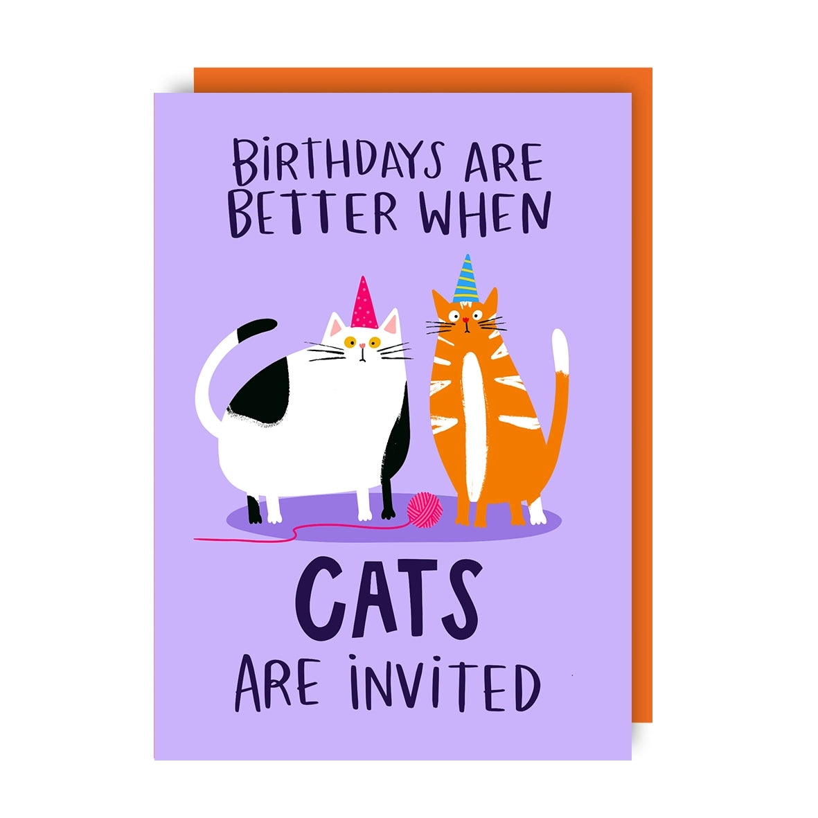 Greeting card featuring an illustration of two cats wearing party hats, sitting beside a ball of yarn with the text 'Birthdays are better when cats are invited' on a purple background.
