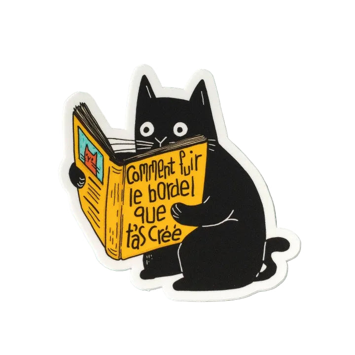 A vinyl sticker featuring a black cat reading a yellow book with the French text 'comment fuir le bo, shown on a solid teal background.del que t'as cree'.