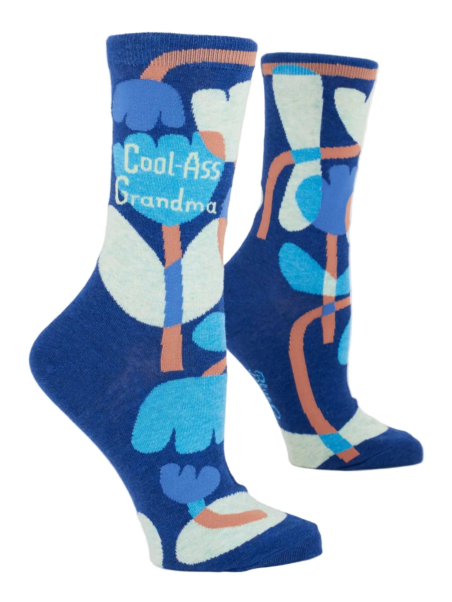 Blue socks with floral design and 'Cool-Ass Grandma' text on a white background