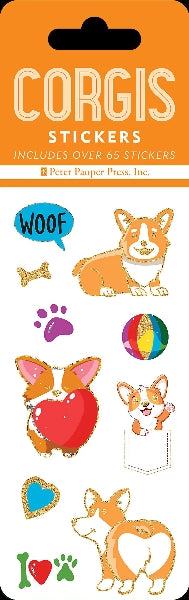 Corgi-themed stickers with various designs on an orange backing