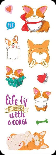 Sticker sheet with corgi-themed designs and text 'Life is better with a corgi'.