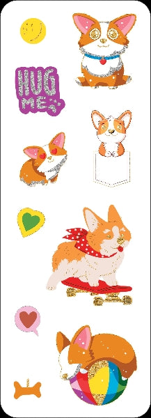 corgi illustrated stickers and text on a white background