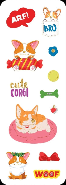 Set of corgi-themed stickers with various designs on a white background.