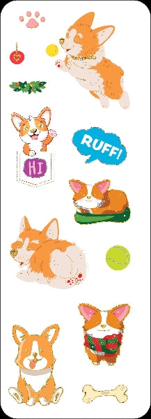 Set of corgi-themed stickers with various poses and expressions on a white background.
