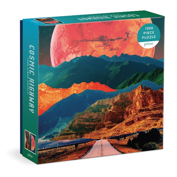 turquoise puzzle box. the cover shows a collage image of a highway leading to various mountain ranges and a large red planet