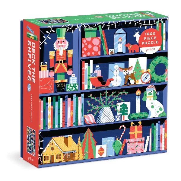 red and green puzzle box. the cover shows an illustration of a blue bookcase filled with Christmas-related decorations