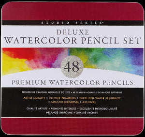 Deluxe watercolor pencil set with 48 pencils on a colorful label
