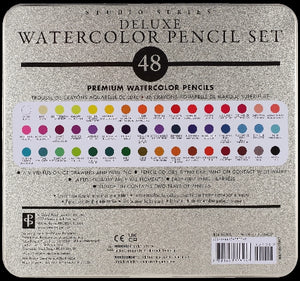 Back of a Deluxe Watercolor Pencil Set packaging with color swatches and branding.