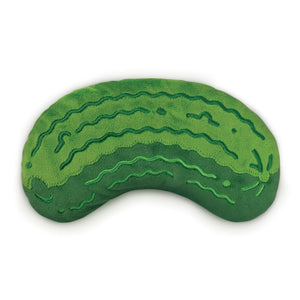 Green plush pickle-shaped comfort eye mask shown on a white background. 