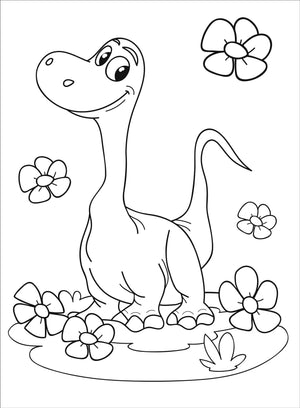 Coloring page of a dinosaur surrounded by flowers on a white background