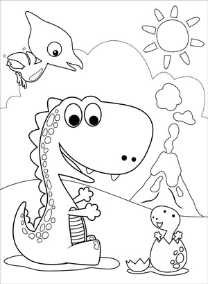 Coloring page with a dinosaur family in a prehistoric scene.