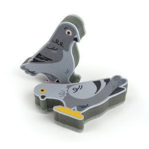 Image of two pigeon-themed kitchen sponges on a white background.