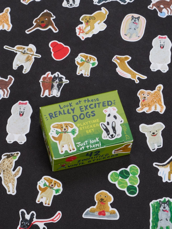 Image showing a packaging box for a 'Really Excited Dogs' themed sticker set. Stickers of dogs surround the box. The box and stickers sit against a black surface.