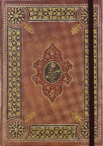 red brown leather notebook with a dark brown elastic. the cover, with symmetrical gold details, is a reproduction of an 18th-century book binding by Antoine Michel Padeloup, royal binder to French king Louis XV.
