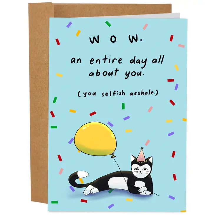 blue birthday card with a grumpy, birthday hat-wearing cat folding its front paws on the string of a yellow balloon. top text reads "wow. an entire day all about you. (you selfish asshole)"