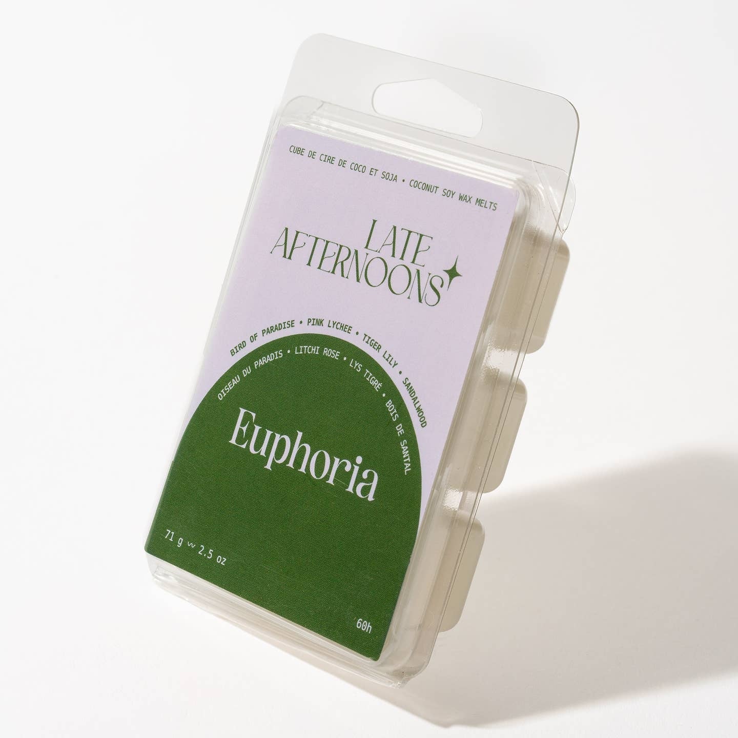 A packaged wax melt product with label that shows the brand name and the text 'Euphoria' with a forest green and light purple color scheme. The package sits on a white background. 