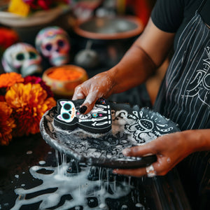 Image of a person using a sugar skull cat-themed kitchen sponge to clean a dish over a sink.