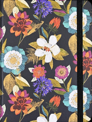 Floral-patterned notebook cover with colorful flowers on a dark background