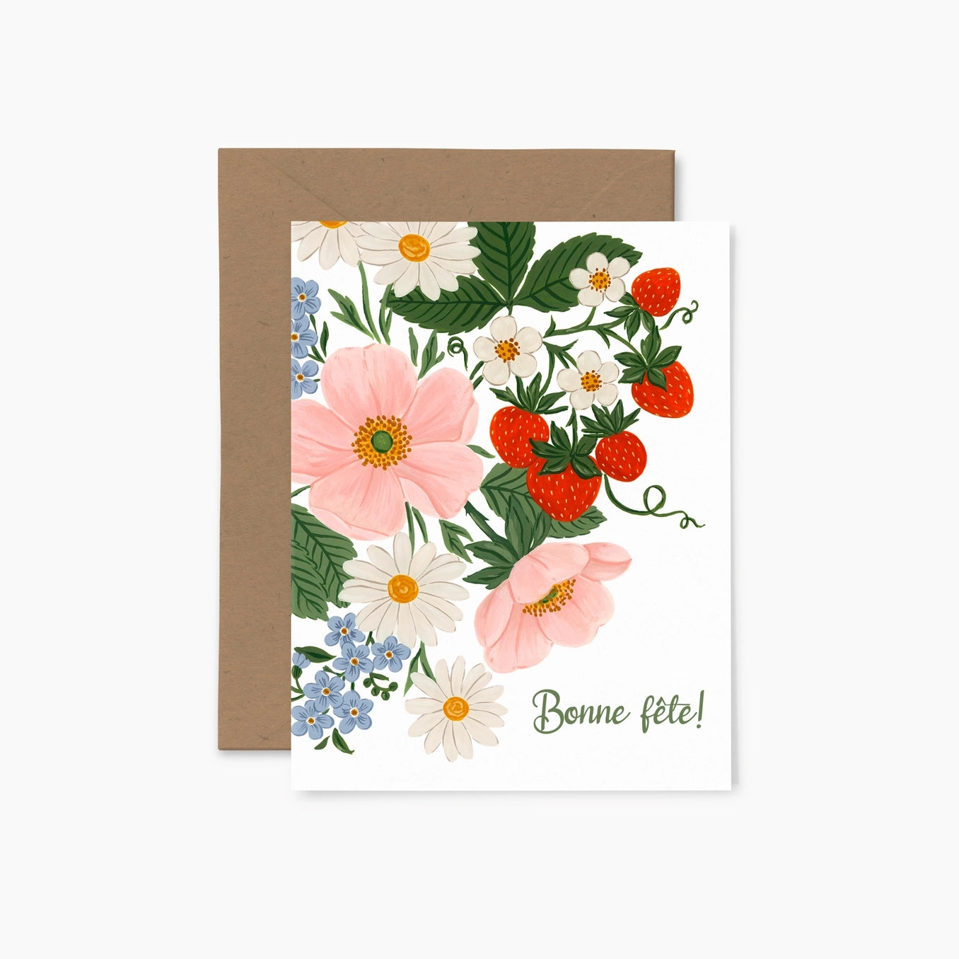 Greeting card featuring an illustration of flowers and a strawberry plant on a white background with the text 'Bonne fete!' and a brown envelope.