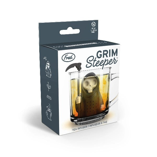 tea infuser in the shape of a grim reaper peeping its scythe above the rim of a clear cup
