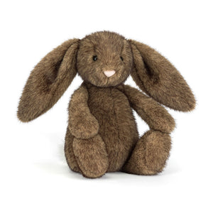 Front view of Jellycat Brown plush bunny with a pink nose on a white background.