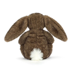 Back view of a Jellycat Brown plush bunny with a white fluffy tail on a white background.