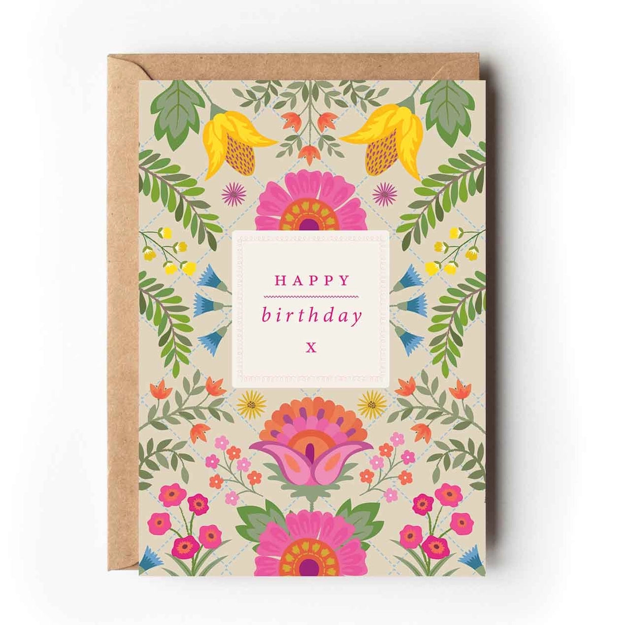 Greeting card featuring colourful botanical designs on a beige coloured background. The text 'Happy Birthday x' is printed in a white frame on the centre of the card. 